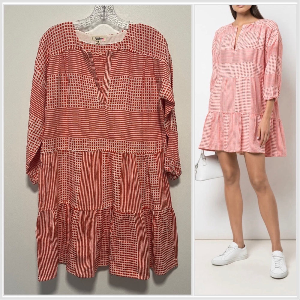Lemlem Semira Geometric Orange White Popover Woven Mini Dress Small